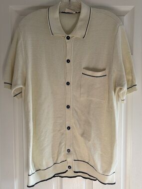 Hedge Conscious Cream Navy Textured Knit Button Up Polo Cardigan Shirt Large L